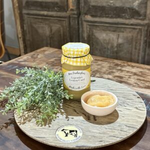 close up of lemon curd in a glas jar at Hunter Valley Cheese, rich golden colour with smooth creamy texture, artisan preserve sourced from our English friends