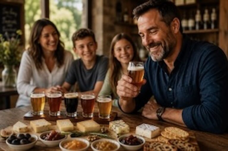 Family enjoying a beer cheesse tasting experience featuring artisan cheeses, gourmet accompaniements & craft beer in the Hunter Valley