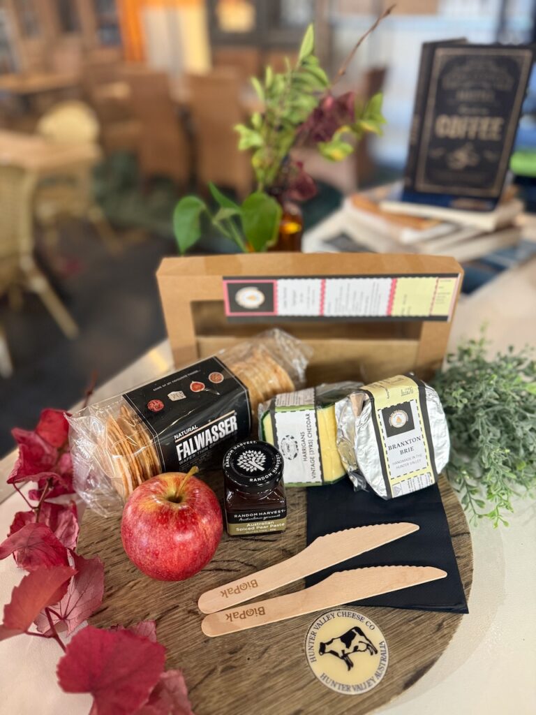 Hunter Valley Cheese takeaway hamper featuring artisan cheeses, crackers & gourmet accompaniments